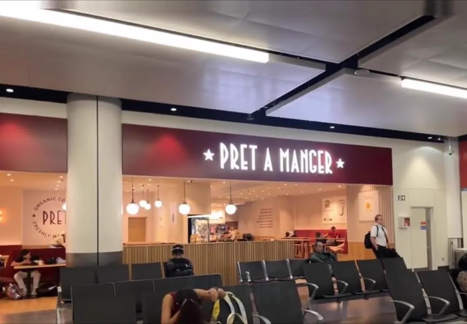 Pret A Manger storefront in the Arrivals hall at Gatwick North Terminal